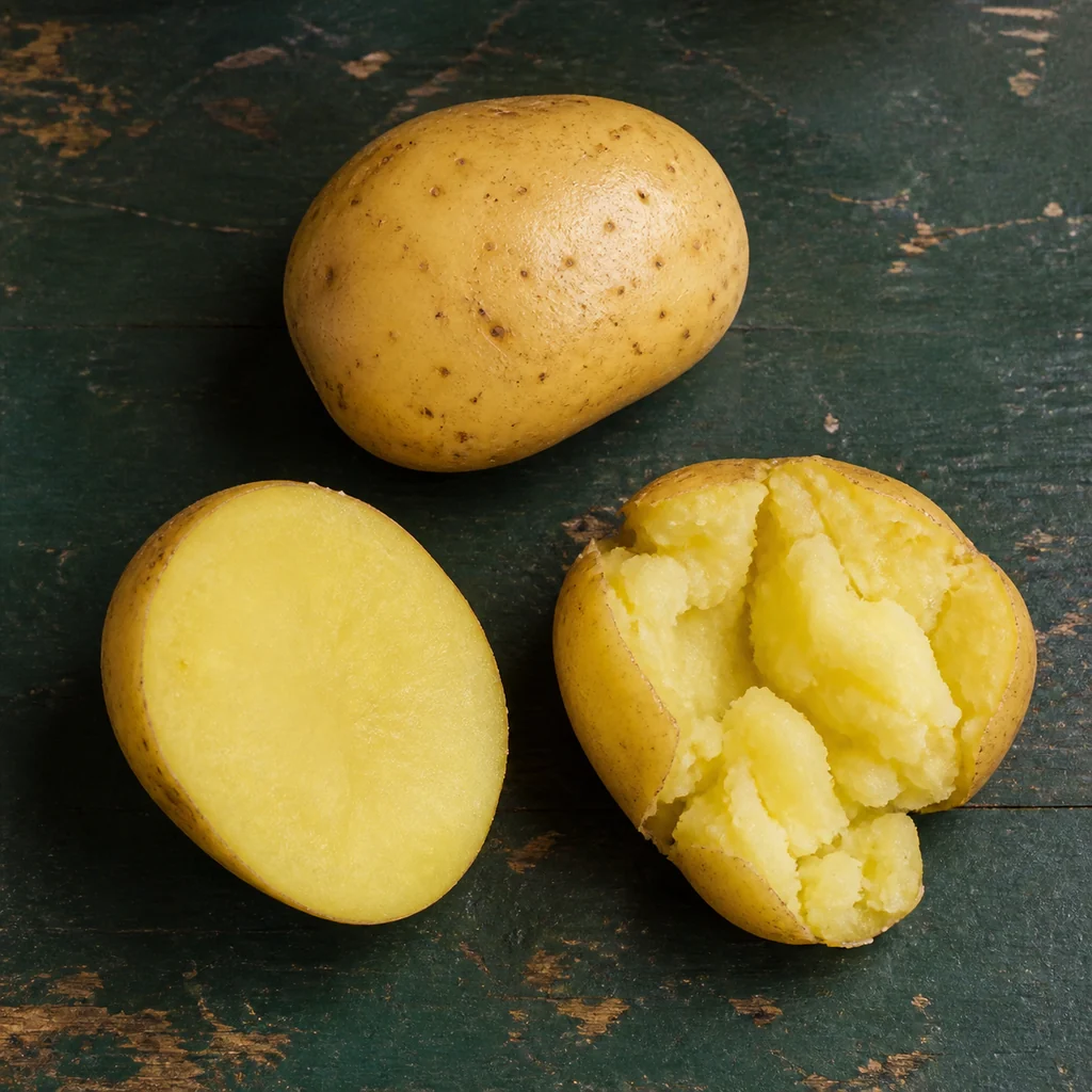 Yellow-fleshed potatoes shown whole, halved, and gently broken into creamy chunks.