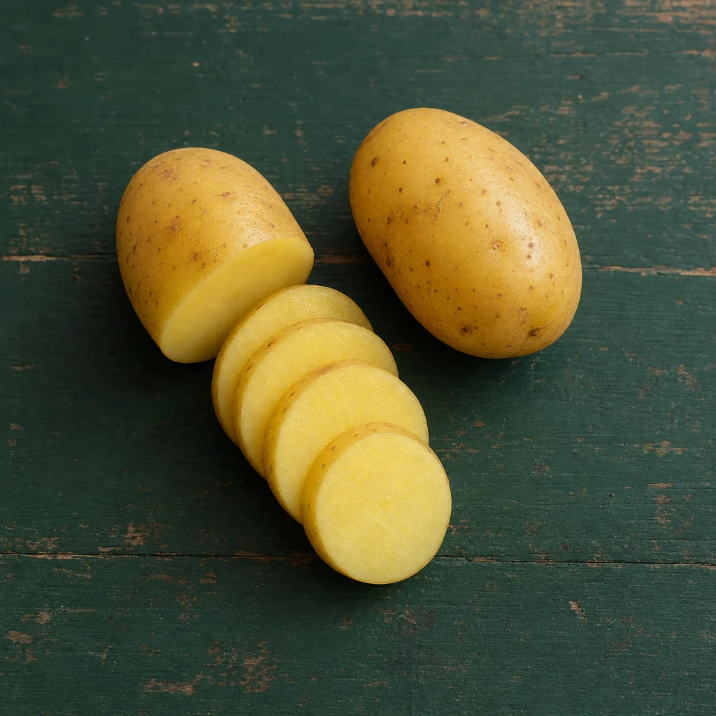 Yellow-fleshed potatoes with neat, intact slices showing a dense texture.