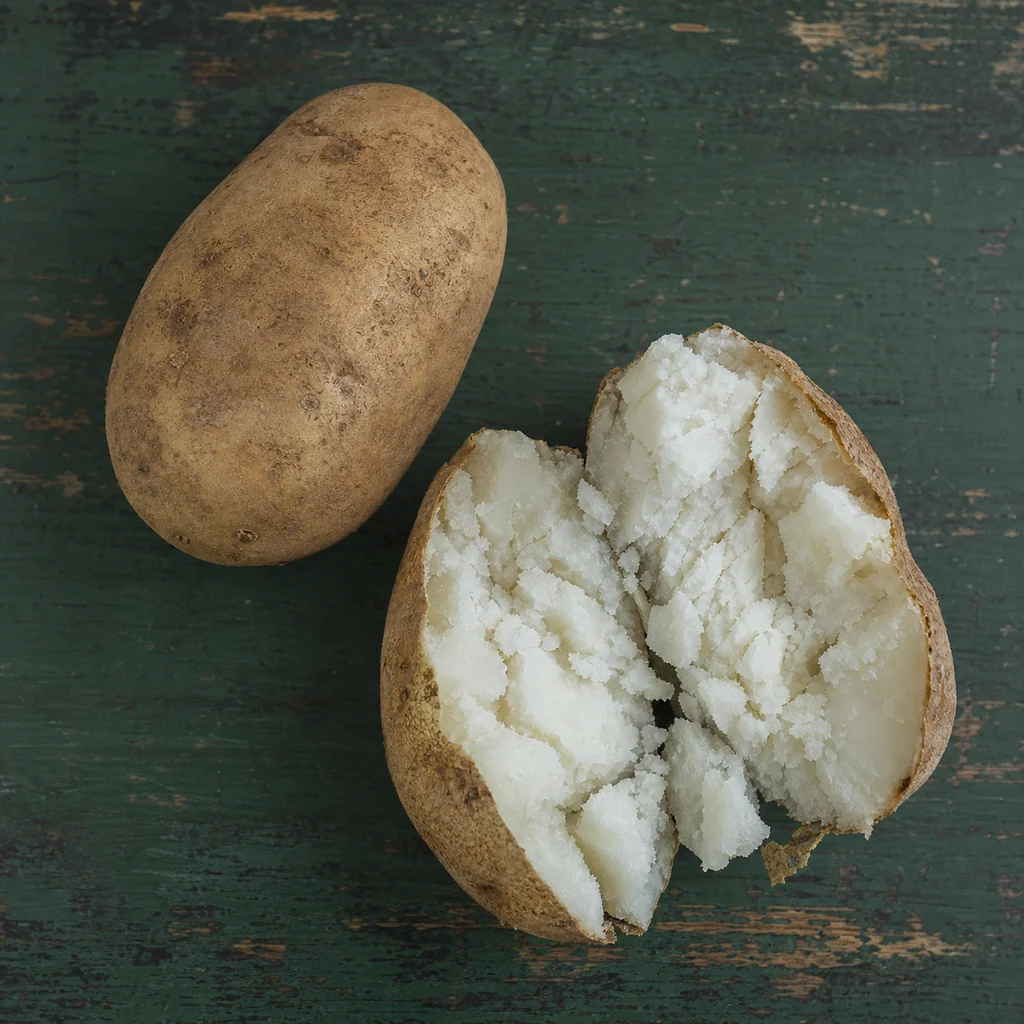 A rough brown potato split open to reveal a dry, pale, crumbly interior.