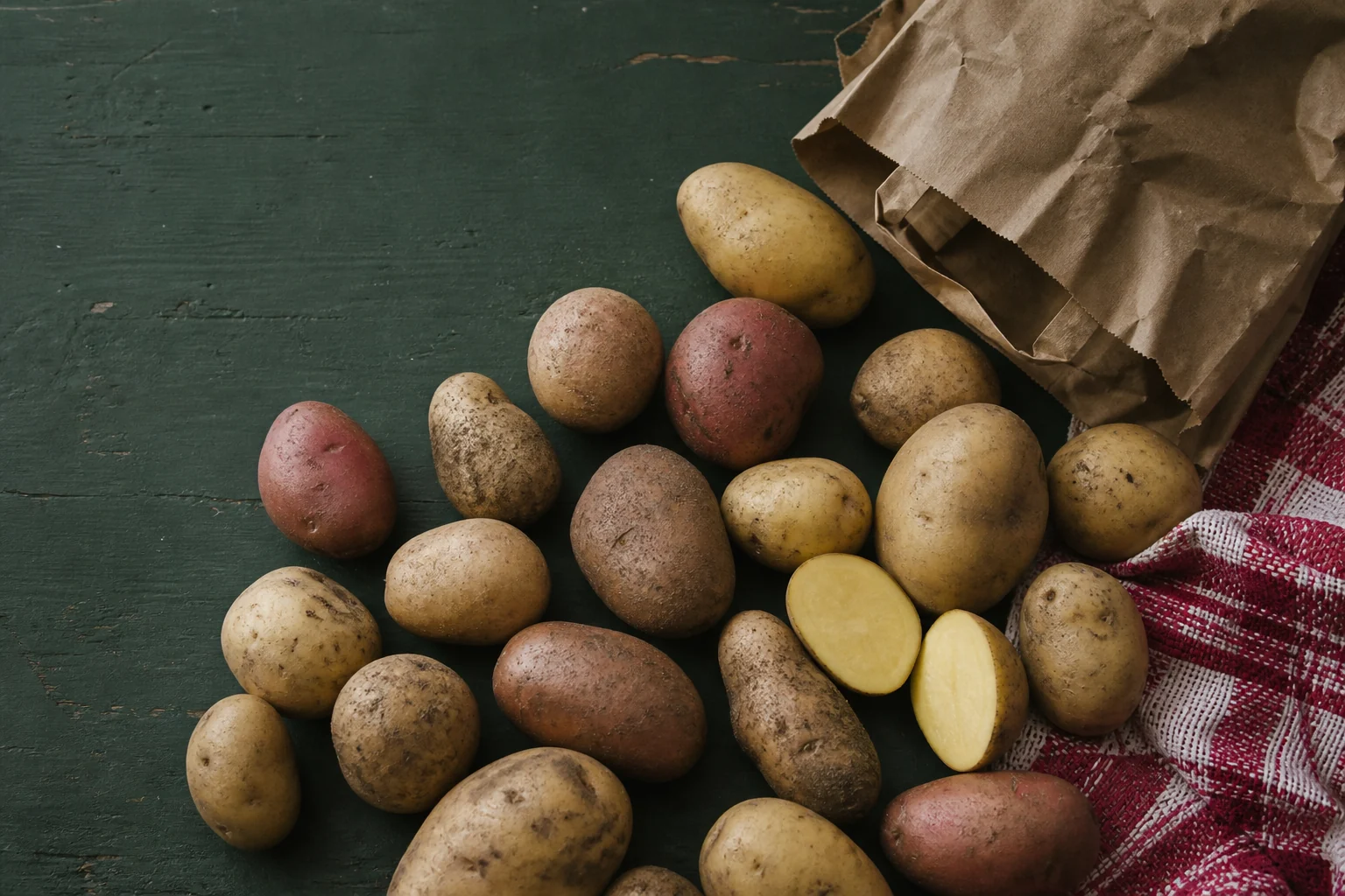 Assorted European potatoes, a paper market bag, and a halved yellow-fleshed potato on a dark green table.